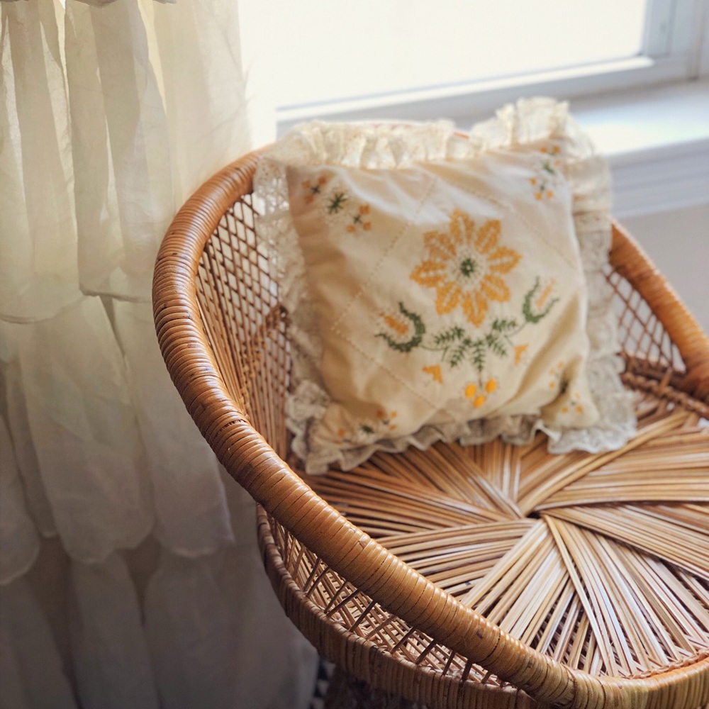 Vintage Cross Stitch Pillow Ruffles 1960’s Boho
